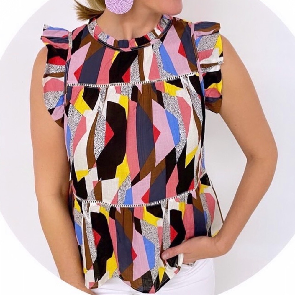 THML Multicolor Geometric Ruffle Cap-Sleeve Blouse